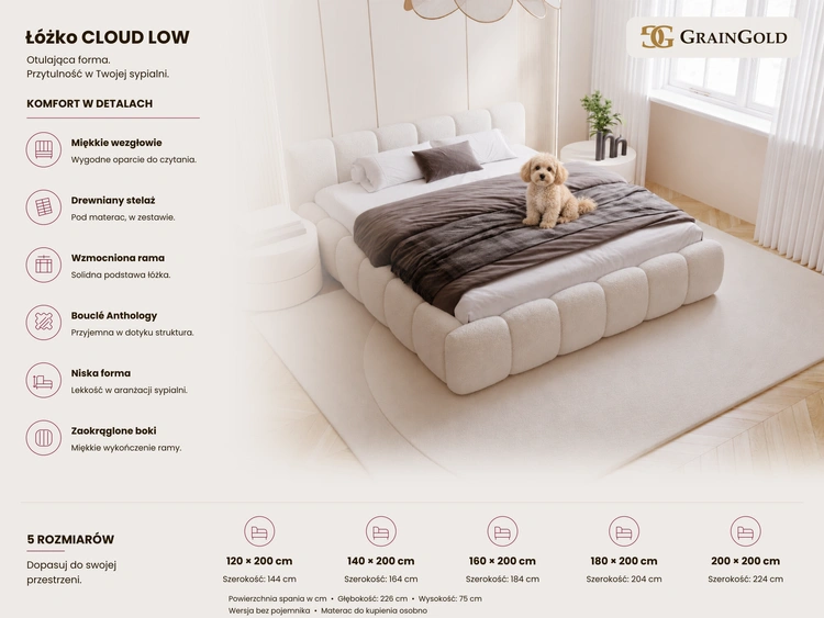 Łóżko tapicerowane bez pojemnika ze stelażem 180x200 Cloud Low Beżowe ciemne