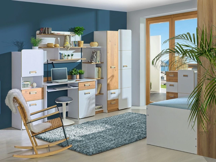 Biurko z wysuwaną półką i szufladą 120 cm dla nastolatka Lindo Biały, Dąb Nash
